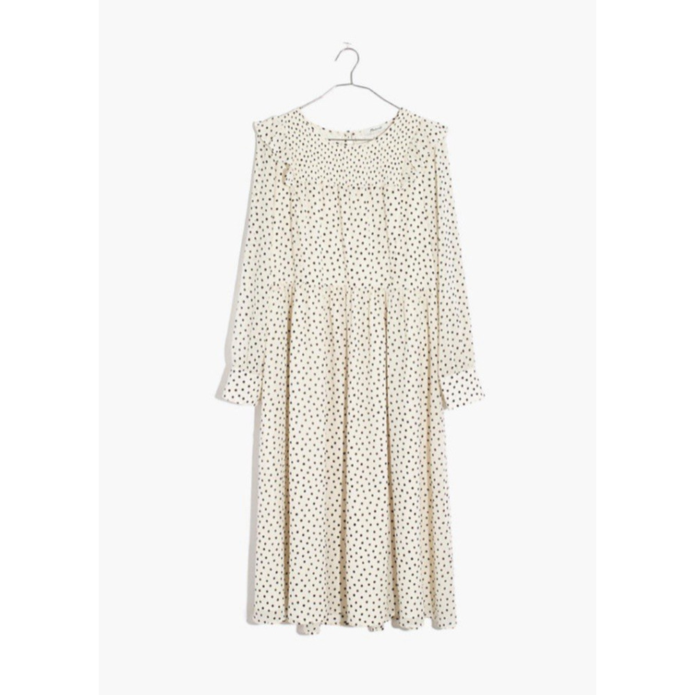 Madewell Cream Long-Sleeve Midi Dress with Black Polka Dots